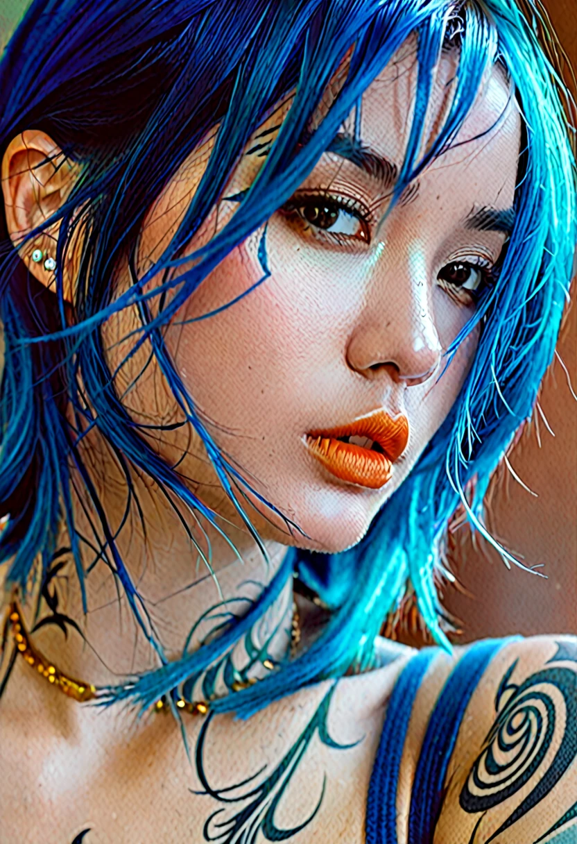 Closeup of a woman with blue hair and tattoos, awesome digital illustration, Beautiful digital artwork, loico and Oh!, beautiful digital illustration, neoartcore y charlie bowater, gorgeous digital art, exquisite digital illustration, hyperrealistic fantasy art, Beeple and Jeremiah Ketner, moebius + loico + Oh!, loico and ross tran