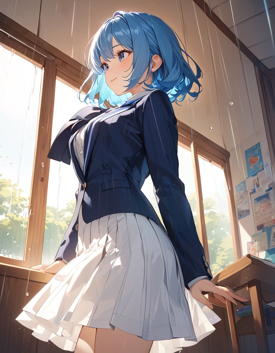 8K, Highest quality, masterpiece, Wallpapers by Unity 8K, School classroom、Standing by the window、窓の外はrain模様、(Highest qualityのイラスト:1.2), (pretty girl:1.1), (1 girl、17 years old、Highest qualityのイラスト:1.2), (1 girl、smile、Beautiful breasts、Very detailedな目:1.2)、Bright blue hair、Short Bob Hair、(Highest quality、Very detailed、Very detailed and beautiful、Ultra-high resolution)form,{Dark Blue Blazer、White shirt、Blue Ribbon、White pleated skirt}
、throw、Soft focus ground bokeh、、from side, Gazing into the distance、rain
