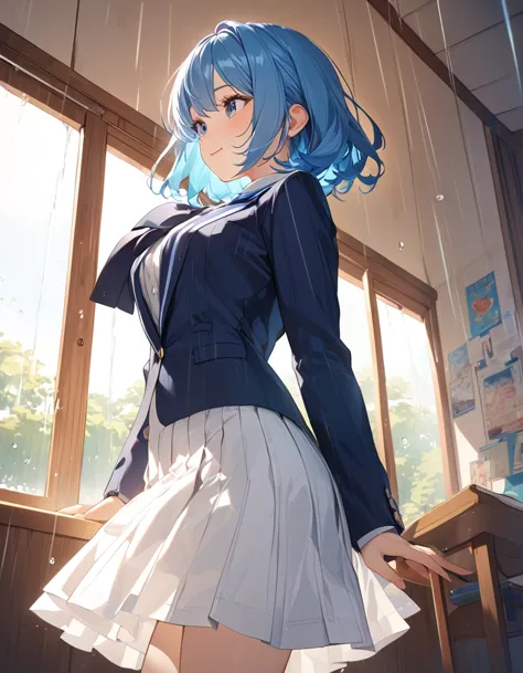 8K, Highest quality, masterpiece, Wallpapers by Unity 8K, School classroom、Standing by the window、窓の外はrain模様、(Highest qualityのイラ...