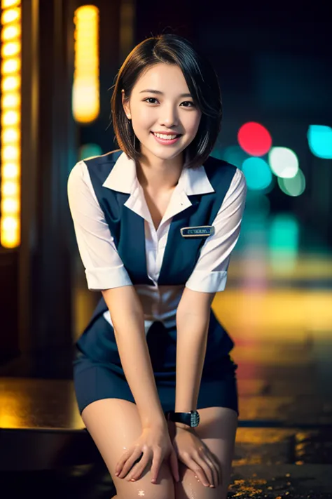 (a gorgeous lady, age 21, flight attendant uniform, shenzhen airlines stewardess, wet white shirt, wet red mini-skirt, kneeling ...