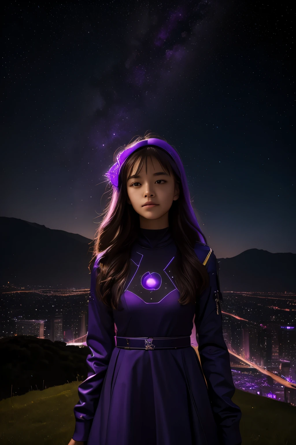 girl under starry sky with the constellations of the zodiac, shades of purple as if they were nebulae, vast space, in background cyberpunk city at the bottom of a hill,