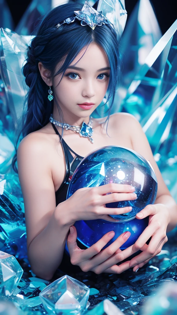 （and soul）、（secondary mysterious、Pisces、1 girl、blue hair、hair length、((French Twist))、blue eyes、gradient eyes、sparkling eyes、bright eyes、finely tuned、expressive eyes、blue clothes、gem、blue lighting、blue theme、（shape：1.5）、abstract、highest quality、Super detailed、(((Holding a mysterious crystal ball)))、