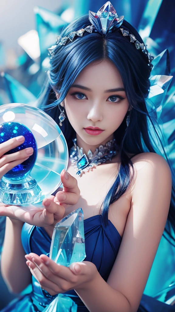 （and soul）、（secondary mysterious、Pisces、1 girl、blue hair、hair length、((French Twist))、blue eyes、gradient eyes、sparkling eyes、bright eyes、finely tuned、expressive eyes、blue clothes、gem、blue lighting、blue theme、（shape：1.5）、abstract、highest quality、Super detailed、(((Holding a mysterious crystal ball)))、