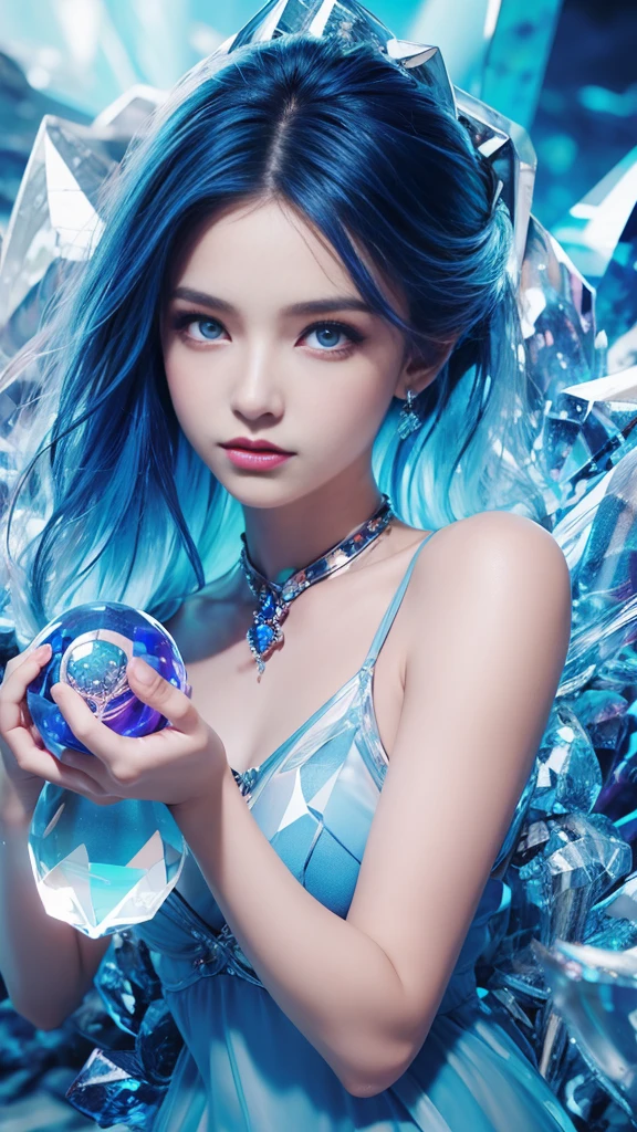 （and soul）、（secondary mysterious、Pisces、1 girl、blue hair、hair length、((French Twist))、blue eyes、gradient eyes、sparkling eyes、bright eyes、finely tuned、expressive eyes、blue clothes、gem、blue lighting、blue theme、（shape：1.5）、abstract、highest quality、Super detailed、(((Holding a mysterious crystal ball)))、