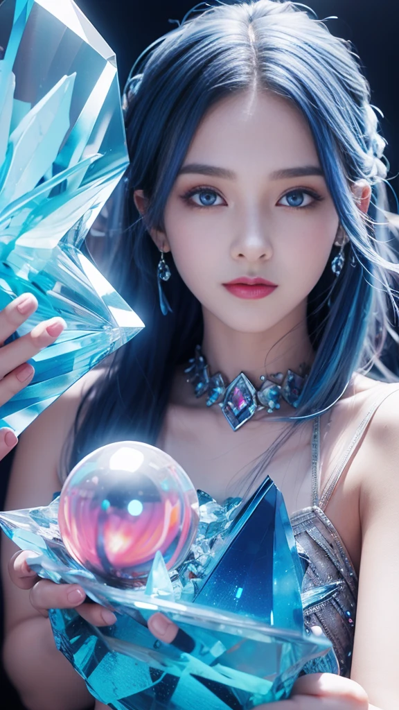 （and soul）、（secondary mysterious、Pisces、1 girl、blue hair、hair length、((French Twist))、blue eyes、gradient eyes、sparkling eyes、bright eyes、finely tuned、expressive eyes、blue clothes、gem、blue lighting、blue theme、（shape：1.5）、abstract、highest quality、Super detailed、(((Holding a mysterious crystal ball)))、