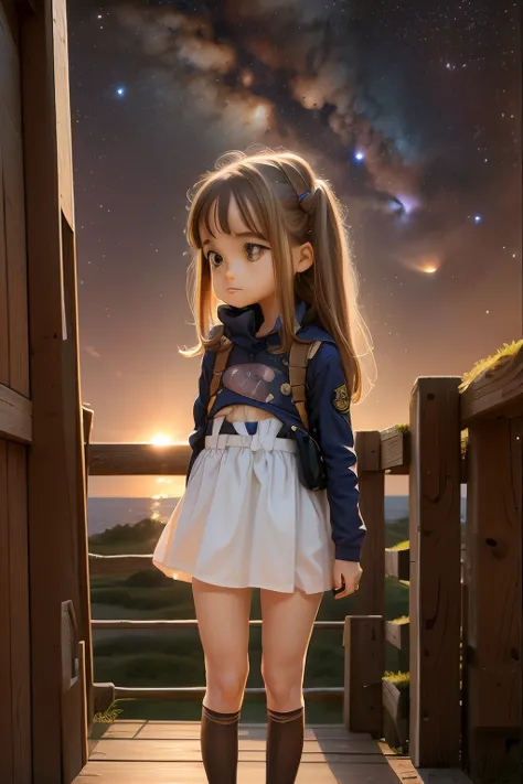 A girl observes the Milky Way，chibi，