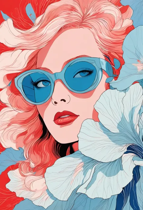 1woman,Fashionable Iris by Sydney illustrator Seth Daniels, featuring light red and light blue styles, movie posters, bold graph...