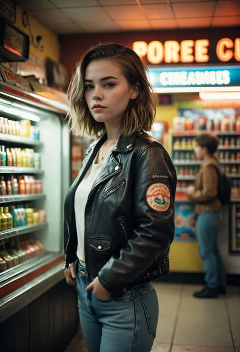 full body photo of a 23 year old dutch woman, undercut hairstyle, tee, leather jacket, jeans, 80s convenience store, very detail...