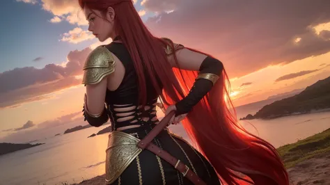 ((a red-haired warrior, from behind, vestindo uma saia curta na bunda, mostrando a bunda, tiro de baixo, vestindo armadura de pl...