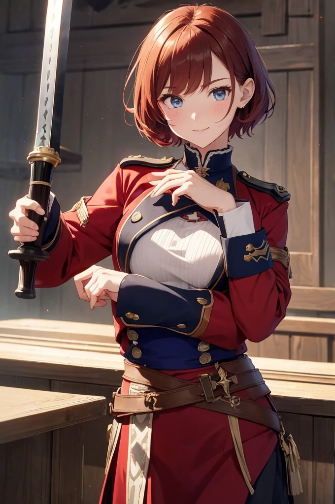 8K High Resolution、(((masterpiece)))、Anime Art、20 year old beauty、Fearless smile、Redhead short cut、167㎝、Small breasts、Blue Eyes、Imposing eyebrows、(((crimson military uniform)))、Vienna in the late 19th century、Austrian Army Officer、Silver rose ornament on chest、Beige knee-length skirt、Black boots、A Japanese sword hangs from his waist