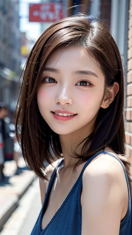 (((close-up of face)))、(((brown hair straight)))、(((she is posing like a hair salon model with a new york alleyway in the backgr...