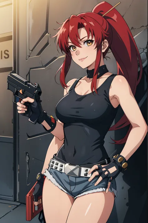 1girl, cute, sexy, red hair, cowboy shot, solo, revy, evil smile, holding gun, handgun, pistol, ponytail, tank top, fingerless g...