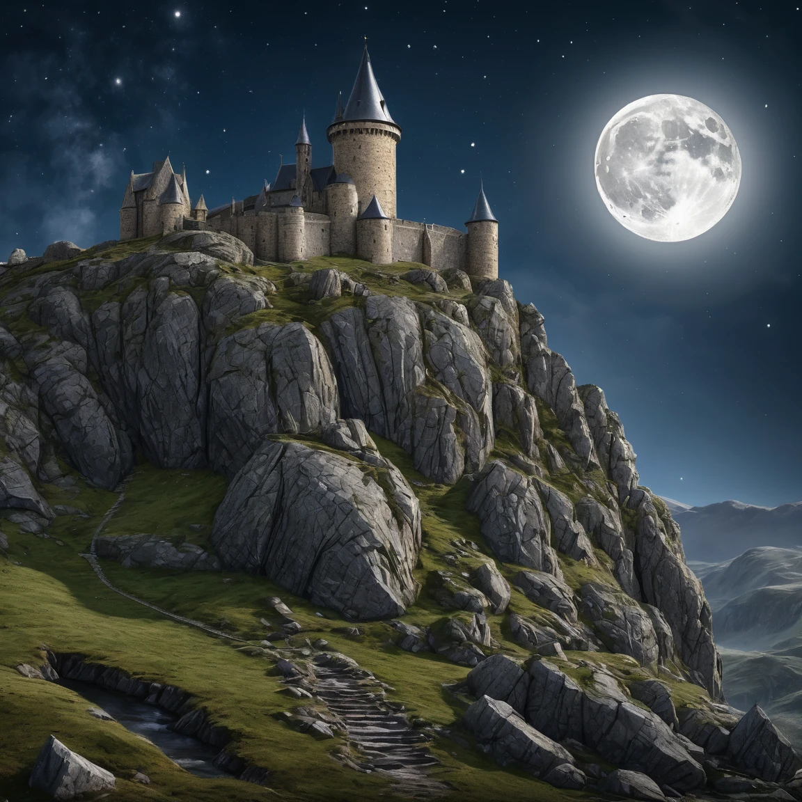 (best quality)), ((masterpiece)), ((realistic,digital art)), (super detailed), (giganstesque tour de guet en gneiss sous un clair de lune), (Medieval style)