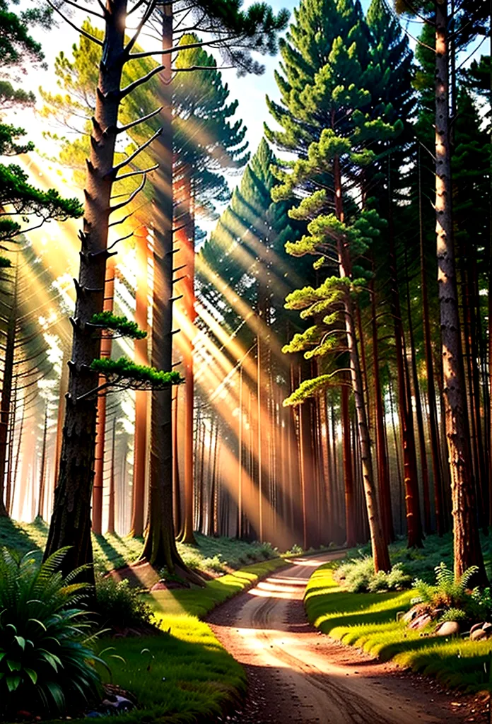 a forest with sunbeams filtering through the trees.