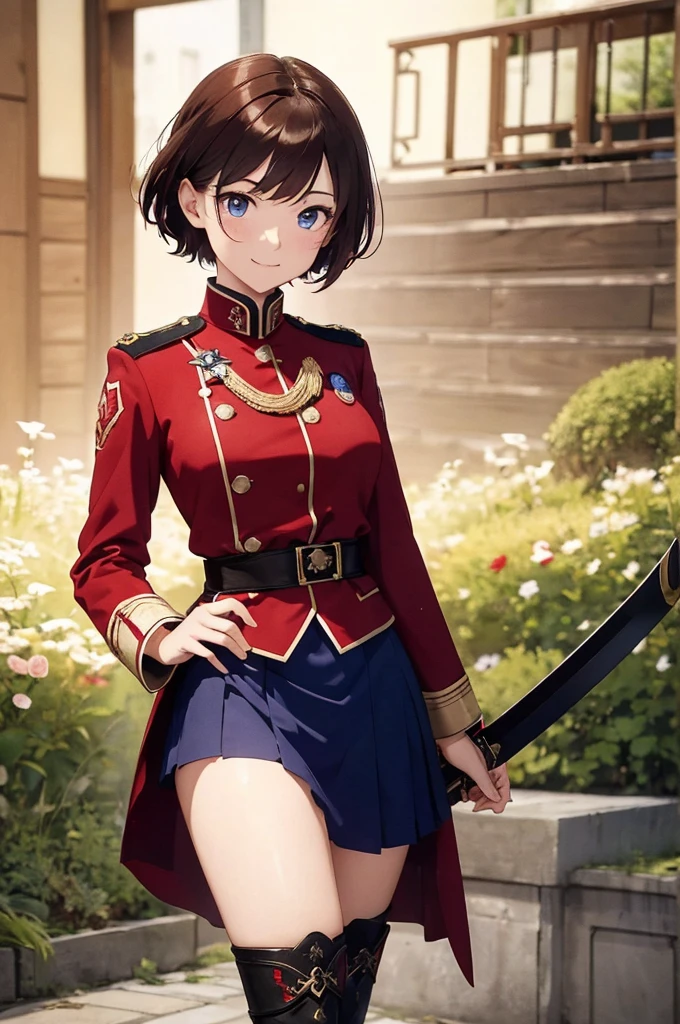 8K High Resolution、(((masterpiece)))、Anime Art、20 year old beauty、Fearless smile、Redhead short cut、167㎝、Small breasts、Blue Eyes、Imposing eyebrows、(((crimson military uniform)))、Vienna in the late 19th century、Austrian Army Officer、Silver rose ornament on chest、Beige knee-length skirt、Black boots、A Japanese sword hangs from his waist