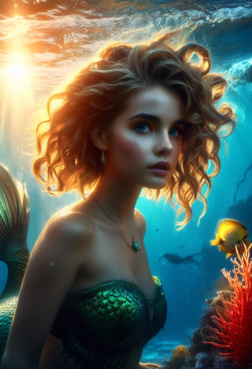 (best quality,4k,8k,highres,masterpiece:1.2),ultra-detailed,(realistic,photorealistic,photo-realistic:1.37),1girl, beautiful detailed eyes, beautiful detailed lips, extremely detailed face, long eyelashes, Emma Watson as a mermaid, mermaid tail, underwater scene, coral reef, colorful fish, glowing bioluminescent algae, shimmering scales, seaweed, dramatic lighting, vibrant colors, cinematic composition