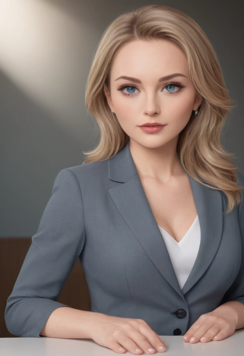 One mature woman, 50 years old、Supermodel body type、Beautiful woman in an elegant business suit, Pencil Skirt, Bust up shot、Detailed face, Fine grain, Detailed lips, Long eyelashes, Wavy blonde hair, (4K,8K,High resolution:1.2), Super detailed, Cinema Lighting, Dramatic Shadows,Rich texture, Fashion Photography, masterpiece, Highest quality, so beautiful, Absurd