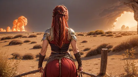 ((A red-haired warrior, from behind, vestinDo uma saia curta na bunDa, mostranDo a bunDa, tiro De baixo, vestinDo armaDura De pl...