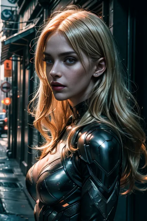 create an ultra-detailed, high-quality cg illustration of a blonde superhero hiding in a dark, abandoned alley. the image should...