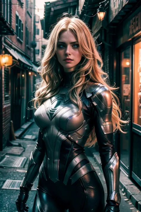 Create an ultra-detailed, high-quality CG illustration of a blonde superhero hiding in a dark, abandoned alley. The image should...