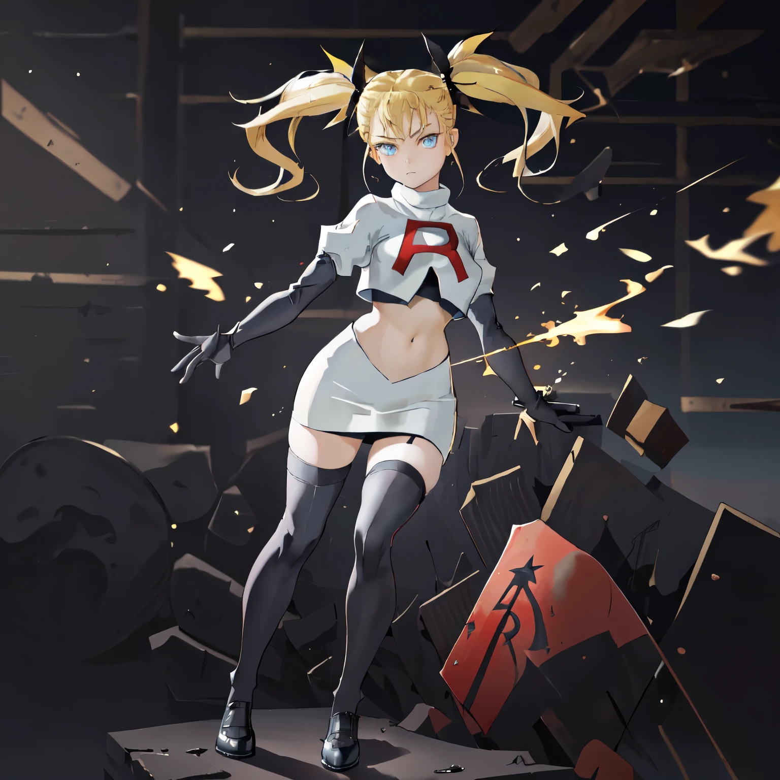 absurdres, (masterpiece, top quality, very beautiful, very detailed), 1 girl, yellow hair in twin tails, black ribbon barrette, blue eyes, upturned cat eyes, looking at camera, full body figure, team rocket, team rocket uniform, white skirt, red letter R, crop top, black thigh-highs, black elbow gloves, sexy pose,