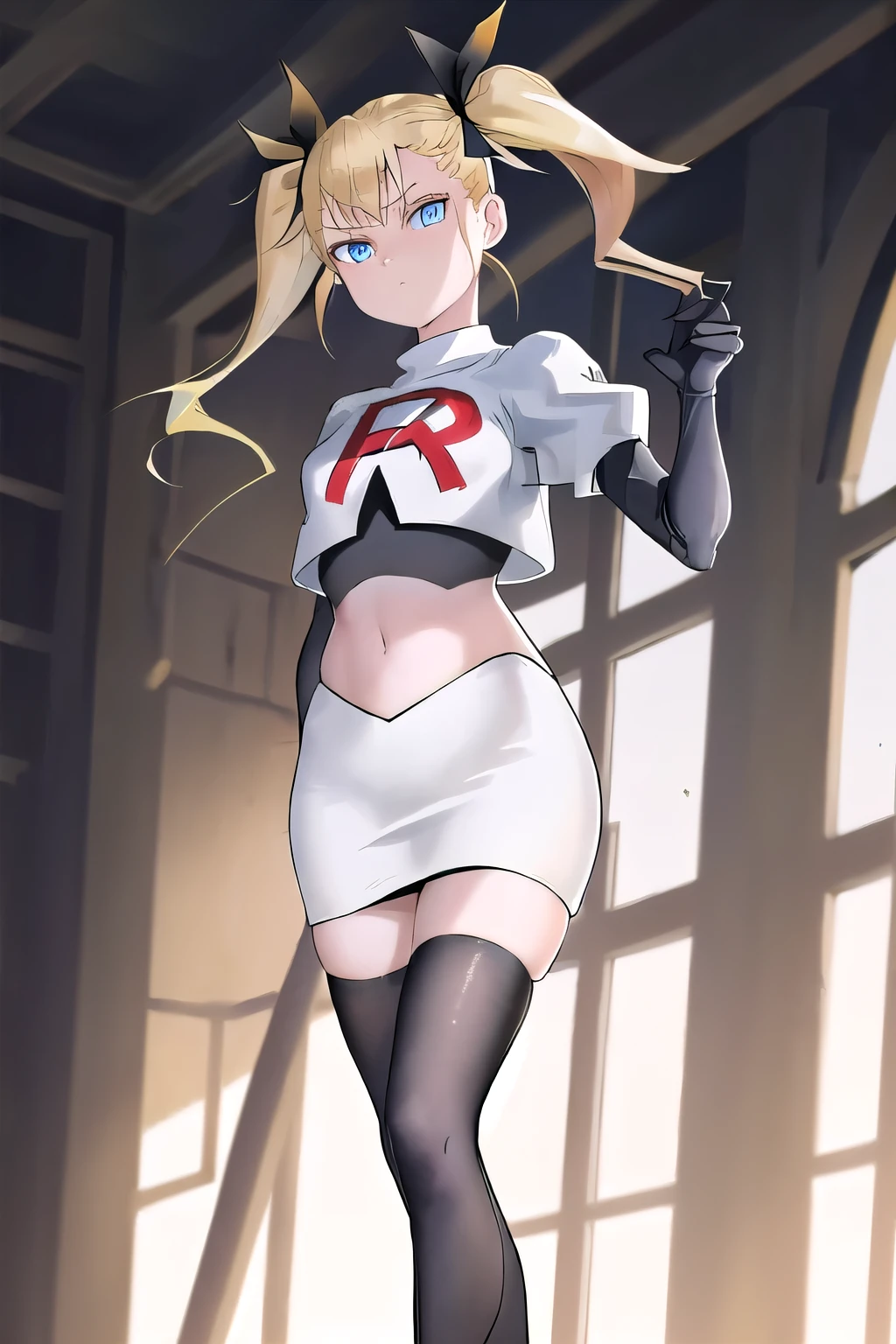 absurdres, (masterpiece, top quality, very beautiful, very detailed), 1 girl, yellow hair in twin tails, black ribbon barrette, blue eyes, upturned cat eyes, looking at camera, team rocket, team rocket uniform, white skirt, red letter R, crop top, black thigh-highs, black elbow gloves, sexy pose,