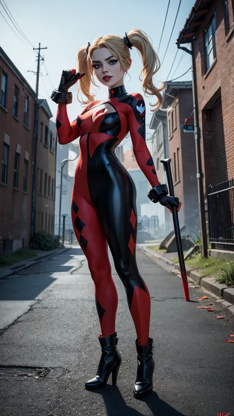 harley quinn, sexy woman,dc comics,small,harlequin costume, red and black, dressed in a red and black harlequin costume, he has ...