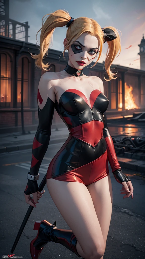 Harley Quinn, sexy woman,DC Comics,Small,harlequin costume, red and black, dressed in a red and black harlequin costume, tiene un bat de béisbol en la mano, red hearts letter, joker card, young, super skynny body, Small and beautiful buttocks, toned abdomen, small and beautiful breasts, gloves, Boots, pose sexy, malevolent, obscene, powerful, super sensual, whole body, Dramatic background, In the background is Arkham Asylum on fire, apocalyptic atmosphere, joker, sensual look, beautiful blue eyes, classic two pigtails hairstyle,Hair dyed in bright blonde color, Best quality,4k,8K,A high resolution,Masterpiece,Ultra detailed,realistic, photorealistic,photo realistic