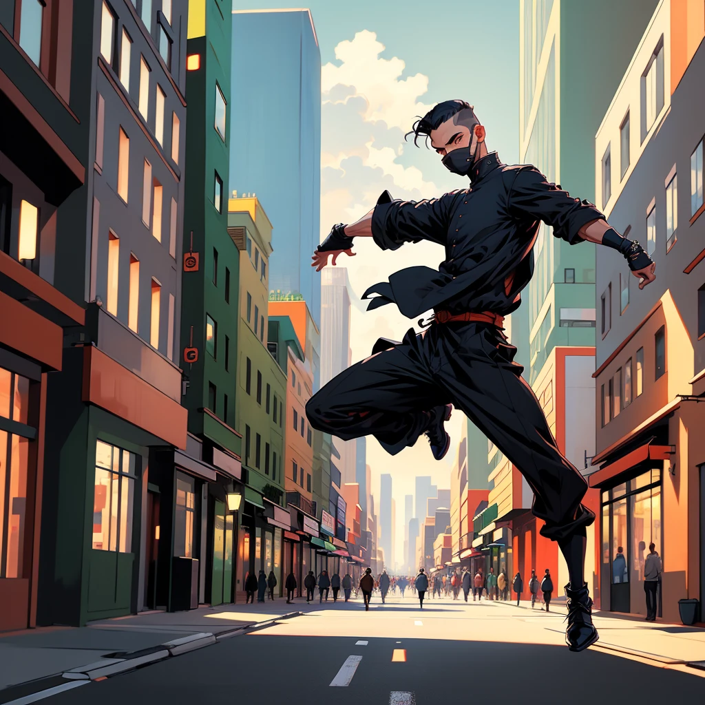 masterpiece, wide shot, 1man, ninja with modern clothes, elegant, in center city