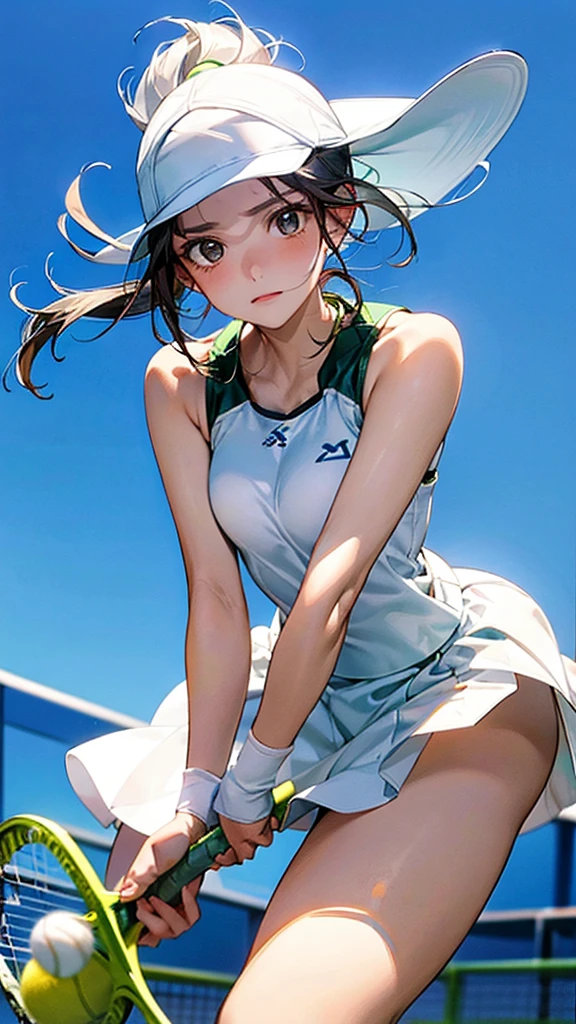 "Describe a woman in a white tennis outfit, swinging a tennis racket with a determined expression on her face as she hits the ball back on a green tennis court under a clear blue sky. Her movements are powerful, and there are stands with spectators in the background."
