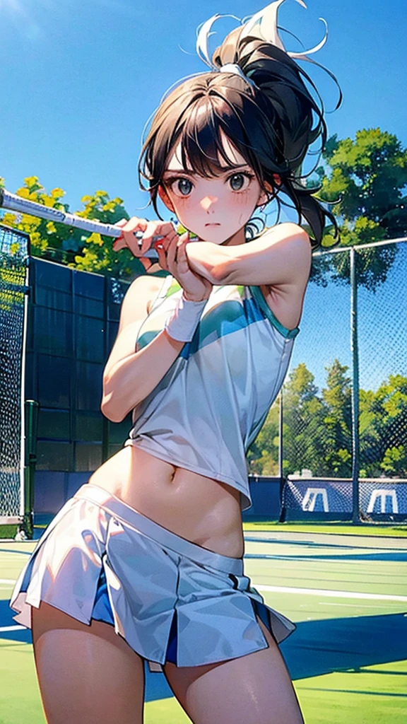 "Describe a woman in a white tennis outfit, swinging a tennis racket with a determined expression on her face as she hits the ball back on a green tennis court under a clear blue sky. Her movements are powerful, and there are stands with spectators in the background."
