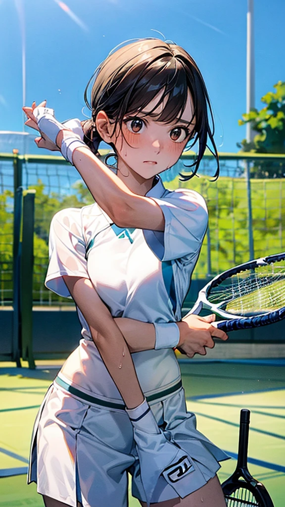 Describe a woman in a white tennis outfit, swinging a tennis racket with a determined expression on her face as she hits the ball back on a green tennis court under a clear blue sky. Her movements are powerful, and there are stands with spectators in the background,sweat,under shot