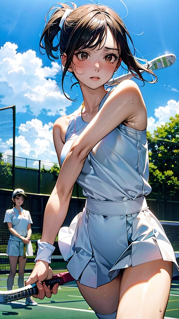 Describe a woman in a white tennis outfit, swinging a tennis racket with a determined expression on her face as she hits the ball back on a green tennis court under a clear blue sky. Her movements are powerful, and there are stands with spectators in the background,sweat,under shot,low angle,group