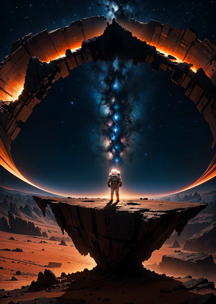 Create a breathtaking painting of an astronaut standing on the rugged surface of Mars. The scene is set at night, under a sky filled with countless stars that cast a subtle glow on the Martian landscape. The astronaut is positioned near the edge of a colossal abyss, a vast and deep chasm that slices through the red terrain, evoking a sense of awe and mystery. The abyss's edges are jagged and shadowy, adding depth and drama to the scene. The astronaut gazes into the abyss, illuminated slightly by the distant starlight, capturing the essence of exploration and the unknown.