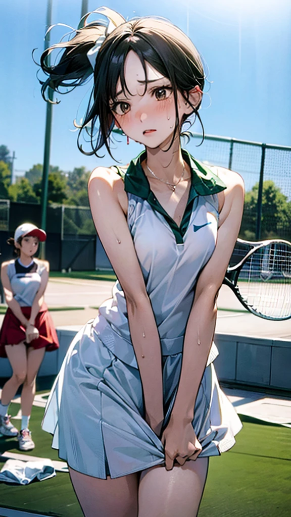 Describe a woman in a white tennis outfit, swinging a tennis racket with a determined expression on her face as she hits the ball back on a green tennis court under a clear blue sky. Her movements are powerful, and there are stands with spectators in the background,sweat,under shot,low angle,group