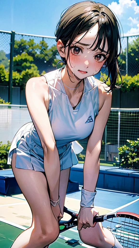 Describe a woman in a white tennis outfit, swinging a tennis racket with a determined expression on her face as she hits the ball back on a green tennis court under a clear blue sky. Her movements are powerful, and there are stands with spectators in the background,sweat,under shot,low angle,group,ahegao,orgasm