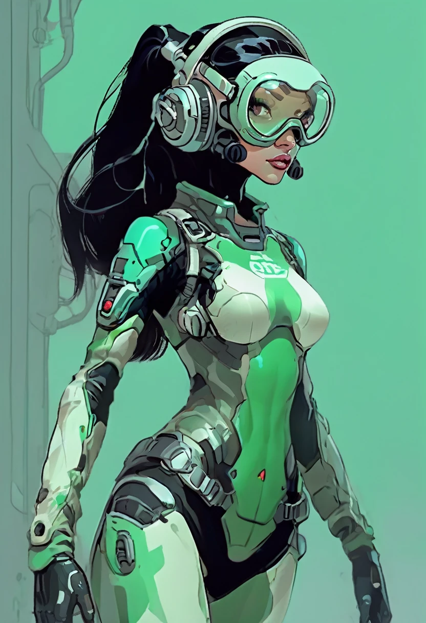 femme mince de dessin animé, long cou, longs cheveux noirs, peau vert pâle, portant une combinaison de plongée de science-fiction. elle est armée d&#39;un canon à bras