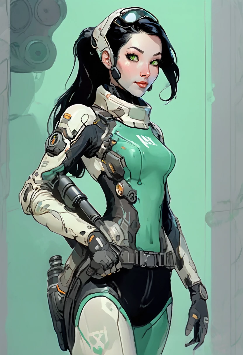 мультфильм худая женщина, длинная шея, длинные черные волосы, бледно-зеленая кожа, в научно-фантастическом водолазном костюме. она вооружена ручной пушкой