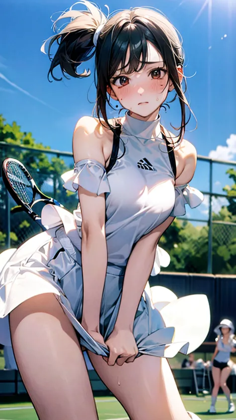 Describe a woman in a white tennis outfit, swinging a tennis racket with a determined expression on her face as she hits the bal...