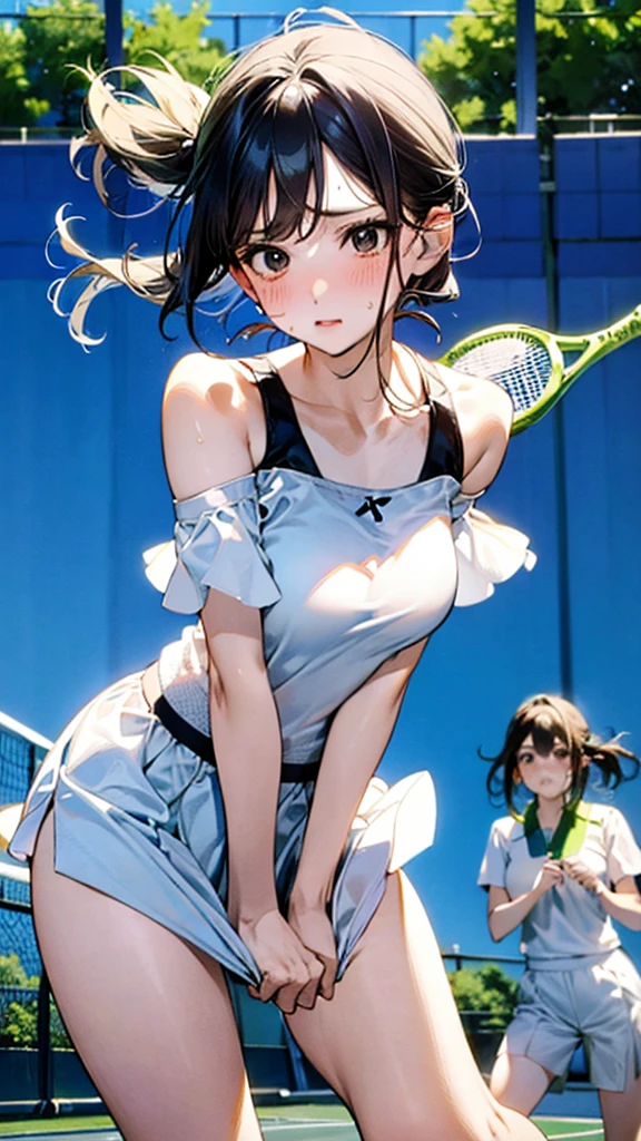 Describe a woman in a white tennis outfit, swinging a tennis racket with a determined expression on her face as she hits the ball back on a green tennis court under a clear blue sky. Her movements are powerful, and there are stands with spectators in the background,sweat,under shot,low angle,group,ahegao,orgasm,underboob:1.3,off shoulder