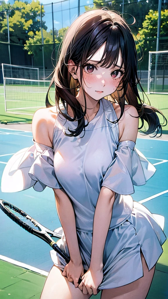 Describe a woman in a white tennis outfit, swinging a tennis racket with a determined expression on her face as she hits the ball back on a green tennis court under a clear blue sky. Her movements are powerful, and there are stands with spectators in the background,sweat,under shot,low angle,group,ahegao,orgasm,underboob:1.3,off shoulder colorful uni form