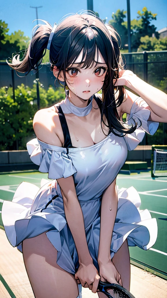 Describe a woman in a white tennis outfit, swinging a tennis racket with a determined expression on her face as she hits the ball back on a green tennis court under a clear blue sky. Her movements are powerful, and there are stands with spectators in the background,sweat,under shot,low angle,group,ahegao,orgasm,underboob:1.3,off shoulder colorful uni form