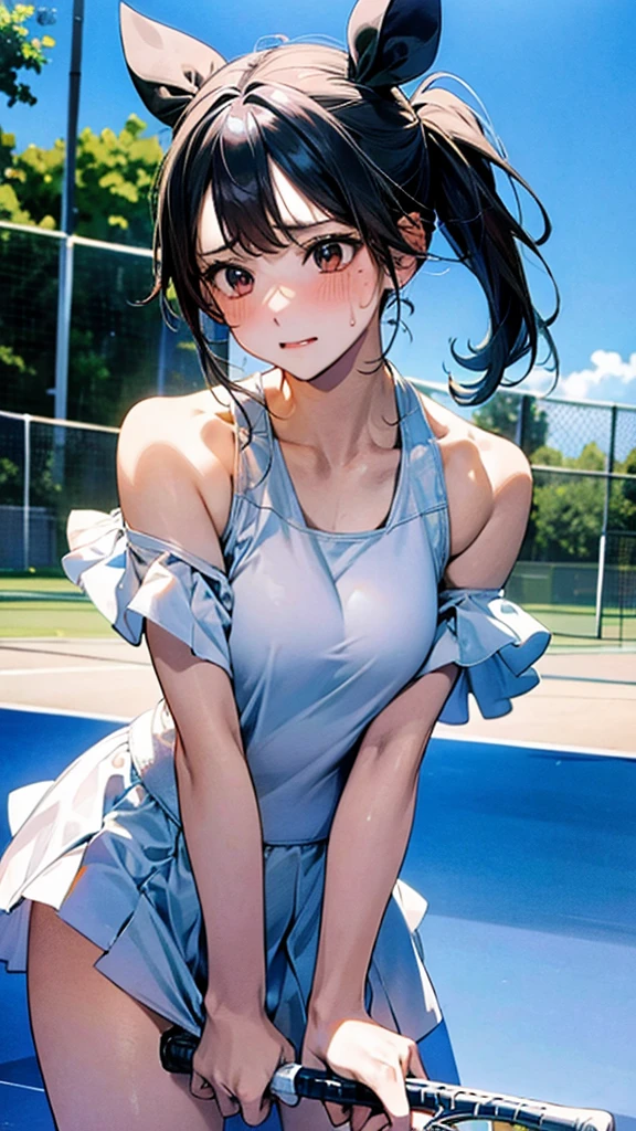 Describe a woman in a white tennis outfit, swinging a tennis racket with a determined expression on her face as she hits the ball back on a green tennis court under a clear blue sky. Her movements are powerful, and there are stands with spectators in the background,sweat,under shot,low angle,group,ahegao,orgasm,underboob:1.3,off shoulder colorful uni form