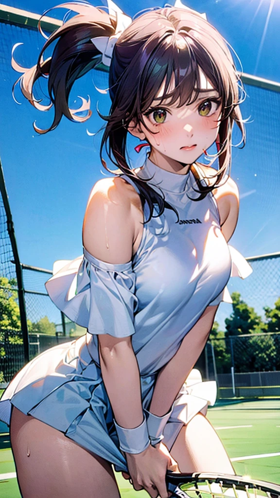 Describe a woman in a white tennis outfit, swinging a tennis racket with a determined expression on her face as she hits the ball back on a green tennis court under a clear blue sky. Her movements are powerful, and there are stands with spectators in the background,sweat,under shot,low angle,group,ahegao,orgasm,underboob:1.3,off shoulder colorful uni form