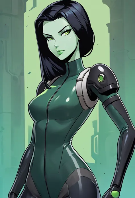 cartoon thin woman, long neck, long black hair, pale green skin, wearing a sci-fi diving suit. she is armed with an arm cannon