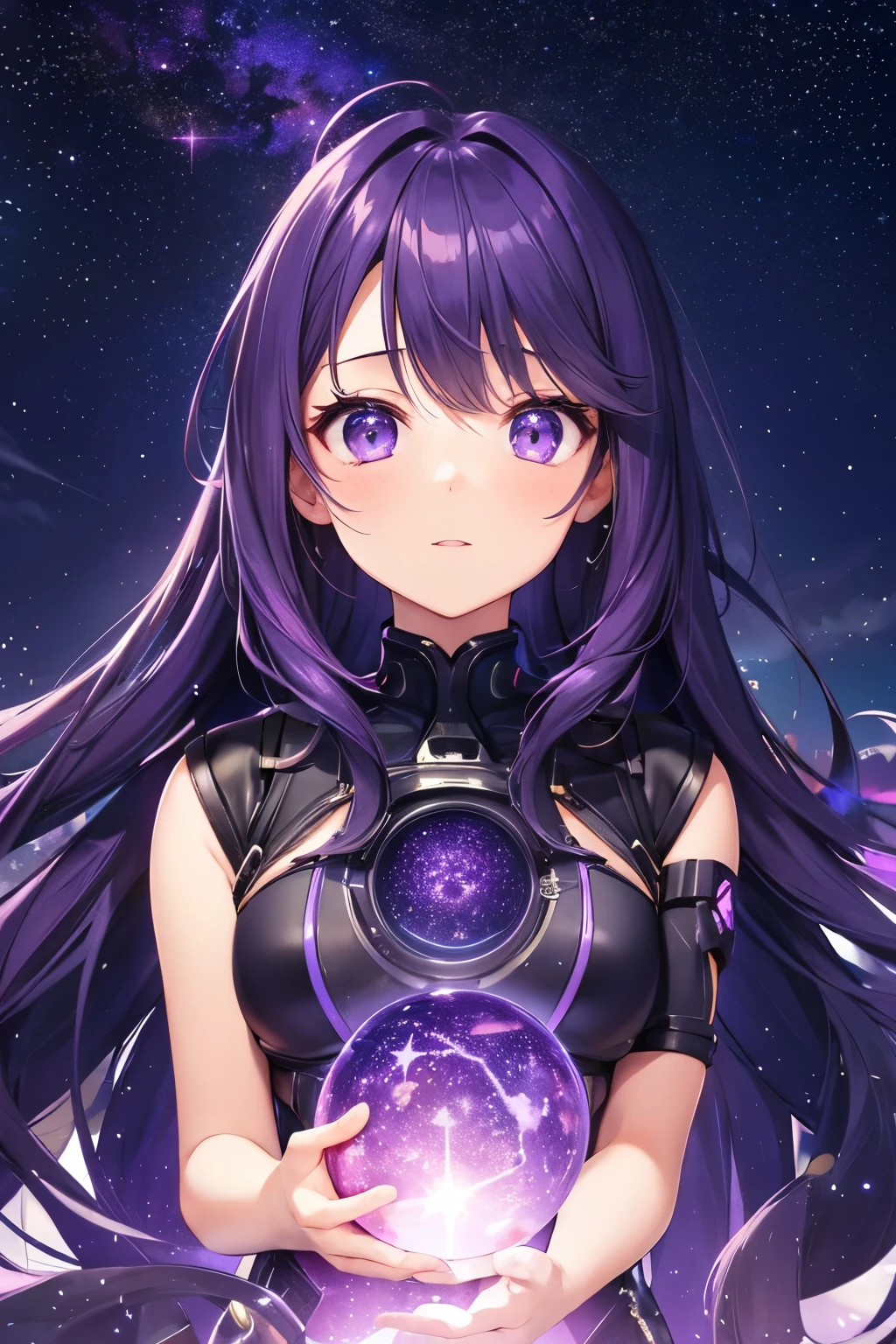 星座が描かれた星空の下の少女, まるで星雲のような紫色の色合い, 広大な空間, 背景のサイバーパンクシティの下部,