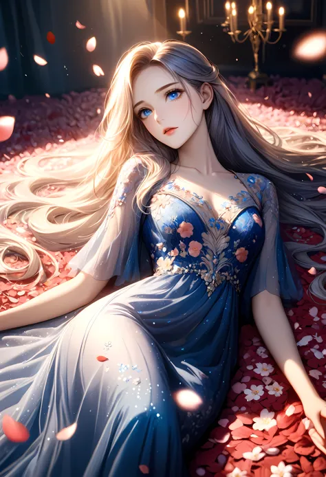 a pretty girl laying on a bed covered with flower petals, majestic evening dress, detailed face, beautiful blue eyes, long eyela...