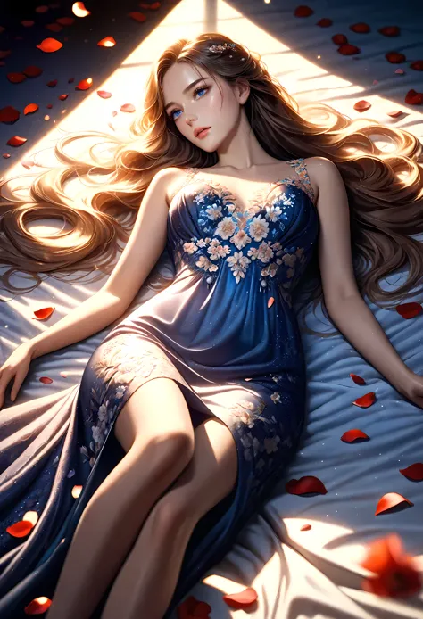 a pretty girl laying on a bed covered with flower petals, majestic evening dress, detailed face, beautiful blue eyes, long eyela...