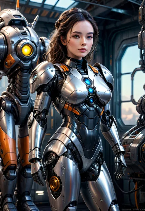 a beautiful detailed woman in a tight, erotic and form-fitting pilot suit, the massive robot's pilot, robot's feet in the backgr...