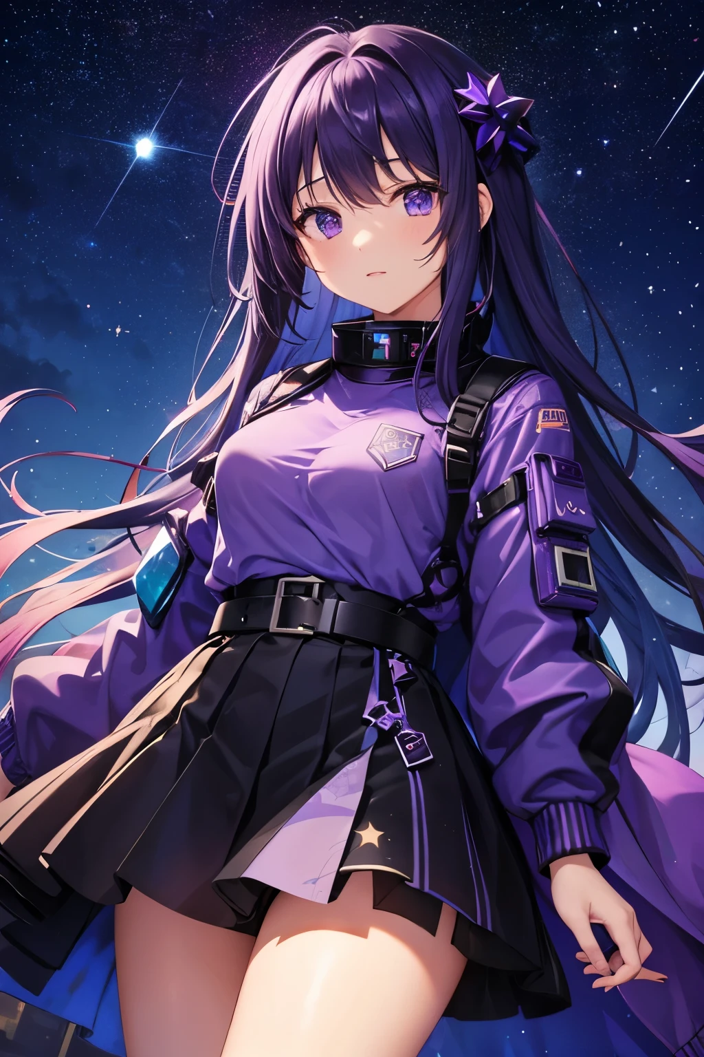 girl under starry sky with the constellations of the zodiac, shades of purple as if they were nebulae, vast space, in background cyberpunk city at the bottom,